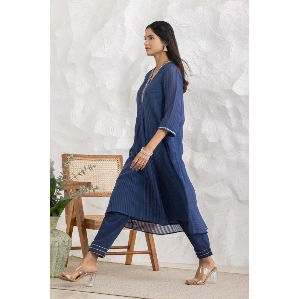 HAAVI BY PURAB Women Blue Chanderi Silk Embroidered Kurta with Palazzo