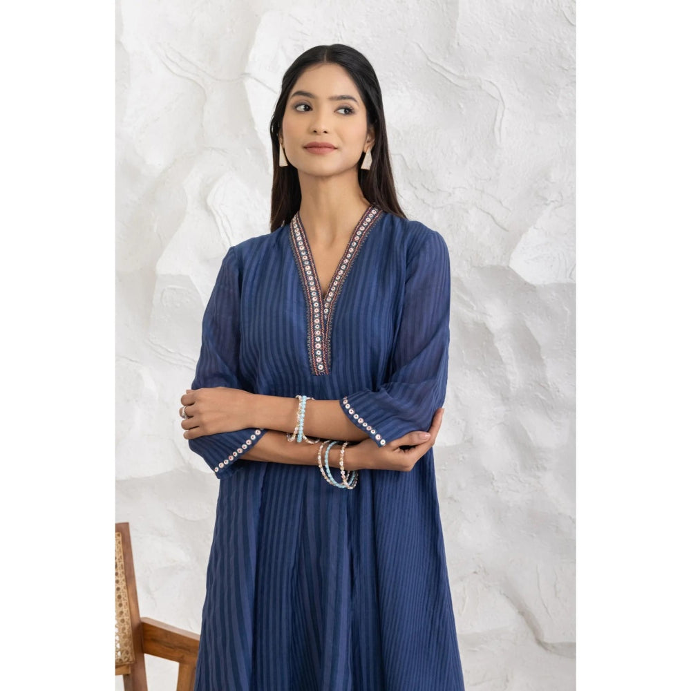 HAAVI BY PURAB Women Blue Chanderi Silk Embroidered Kurta with Palazzo