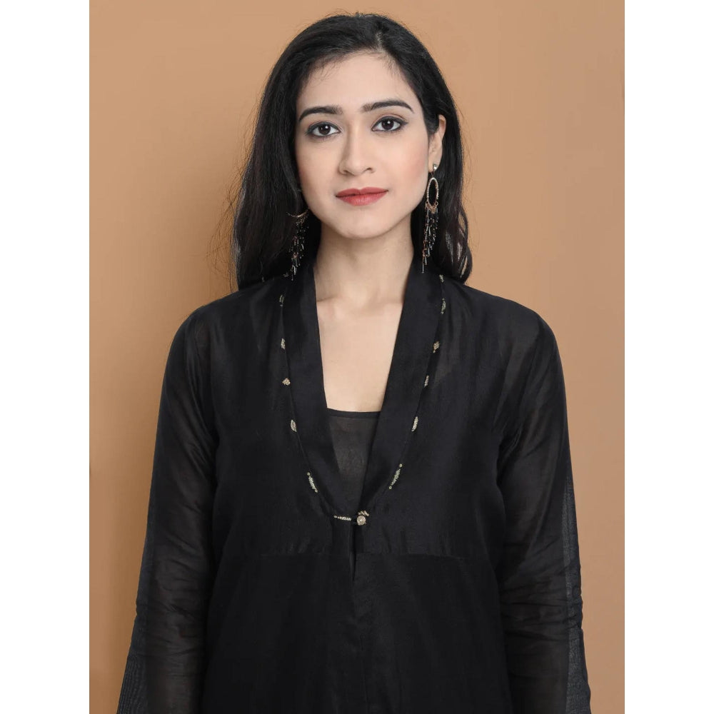 HAAVI BY PURAB Women Black Chanderi Silk Embroidered Kurta with Palazzo