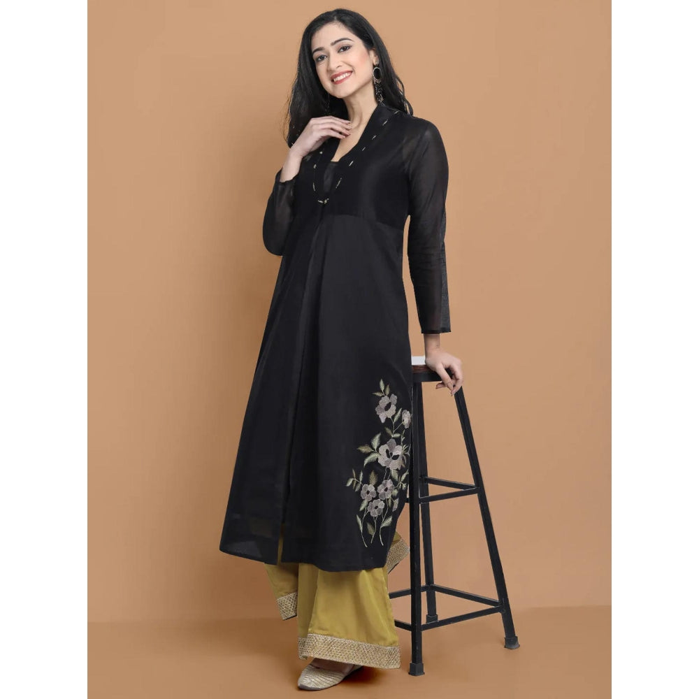 HAAVI BY PURAB Women Black Chanderi Silk Embroidered Kurta with Palazzo