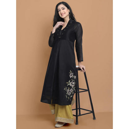 HAAVI BY PURAB Women Black Chanderi Silk Embroidered Kurta with Palazzo