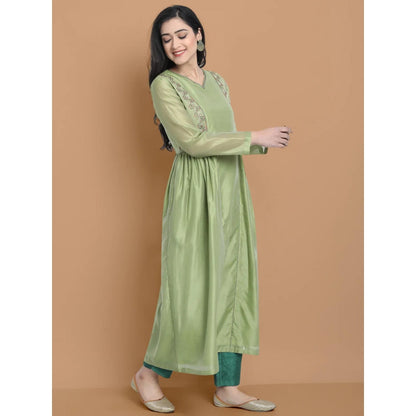 HAAVI BY PURAB Women Green Chanderi Silk Embroidered Kurta with Palazzo