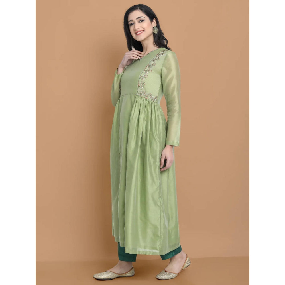 HAAVI BY PURAB Women Green Chanderi Silk Embroidered Kurta with Palazzo