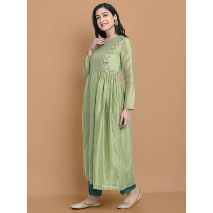 HAAVI BY PURAB Women Green Chanderi Silk Embroidered Kurta with Palazzo