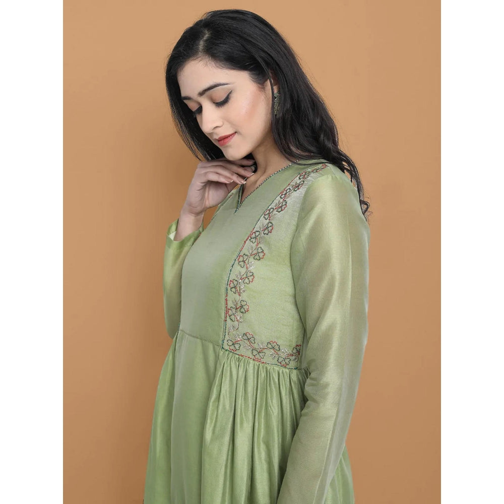HAAVI BY PURAB Women Green Chanderi Silk Embroidered Kurta with Palazzo