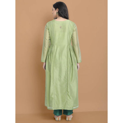 HAAVI BY PURAB Women Green Chanderi Silk Embroidered Kurta with Palazzo