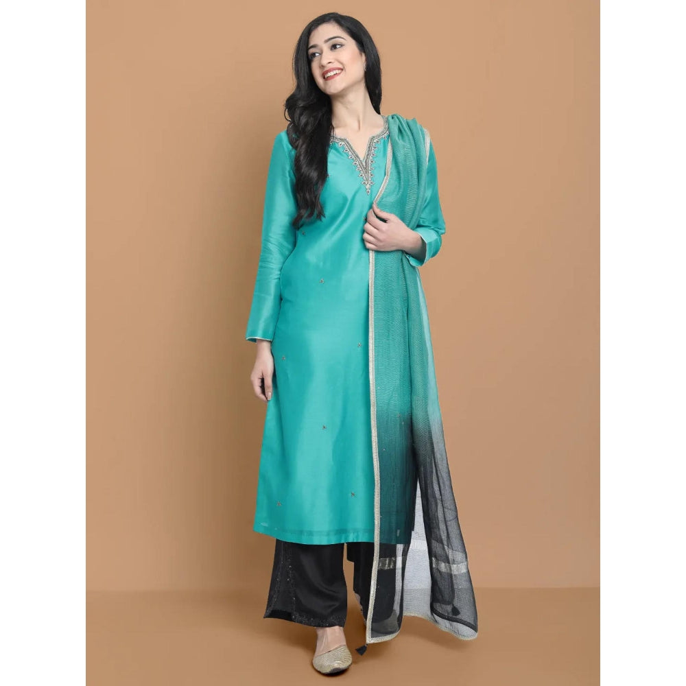 HAAVI BY PURAB Women Blue Chanderi Silk Embroidered Kurta with Palazzo