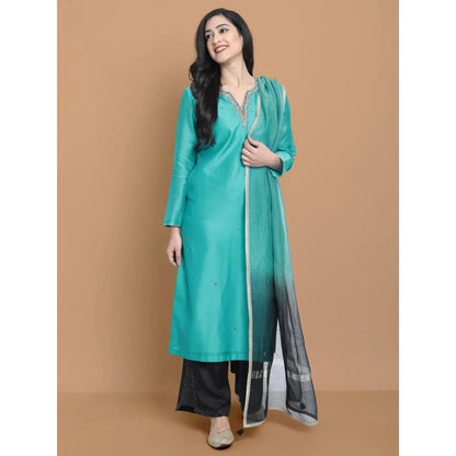 HAAVI BY PURAB Women Blue Chanderi Silk Embroidered Kurta with Palazzo