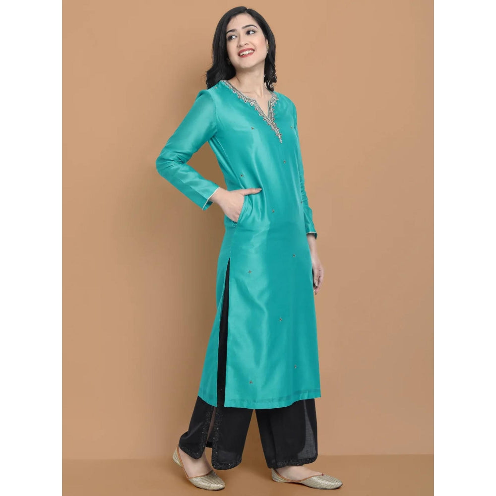 HAAVI BY PURAB Women Blue Chanderi Silk Embroidered Kurta with Palazzo