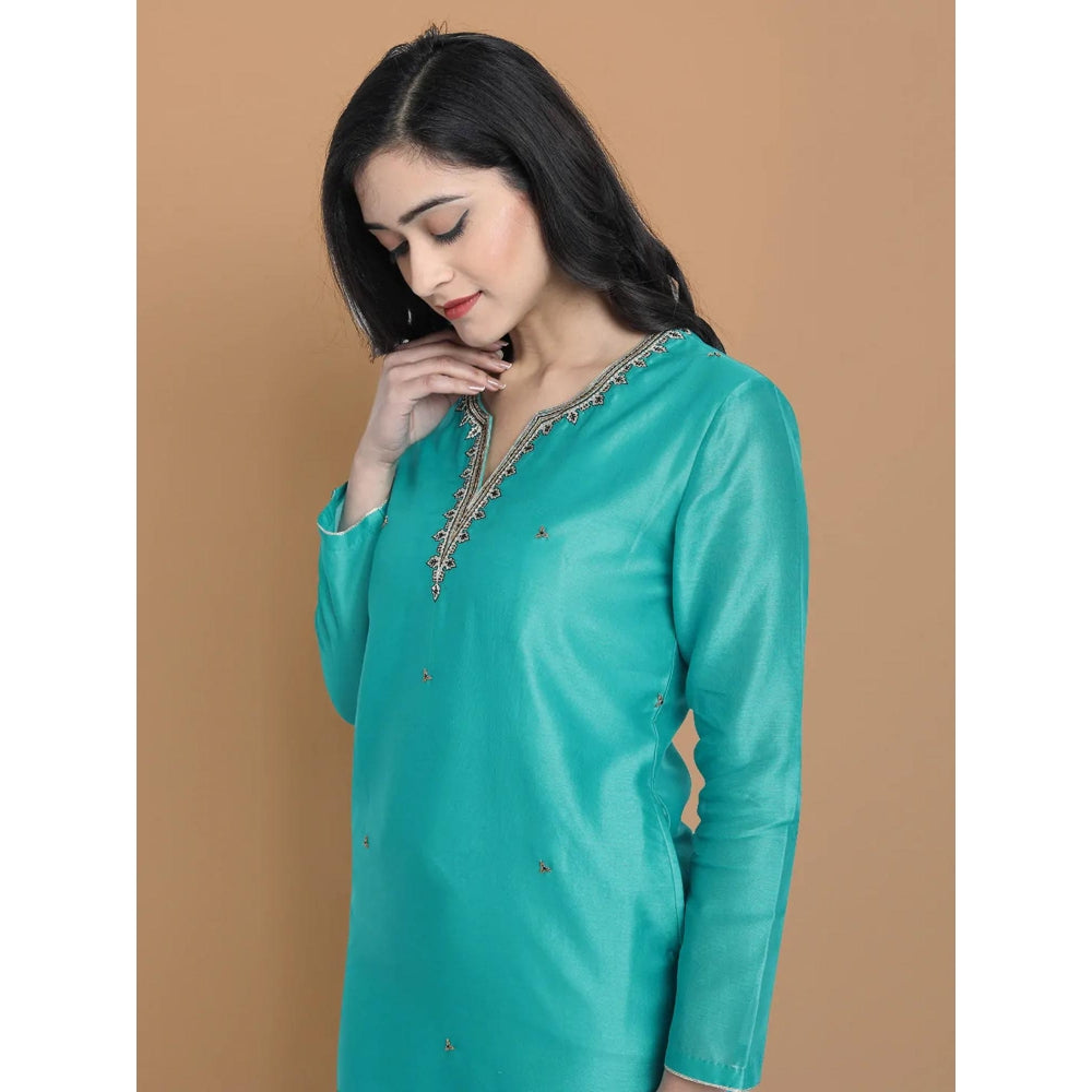 HAAVI BY PURAB Women Blue Chanderi Silk Embroidered Kurta with Palazzo
