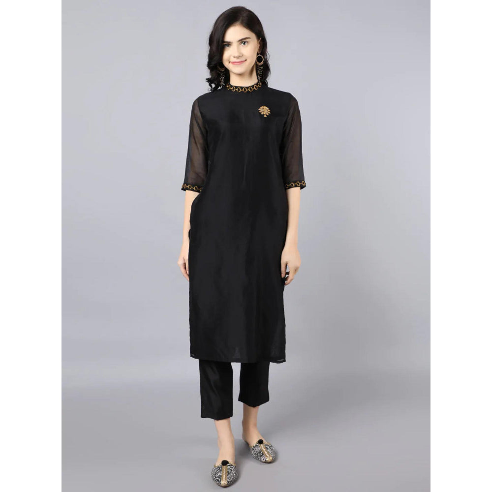 HAAVI BY PURAB Women Black Chanderi Embroidered Kurta with Palazzo