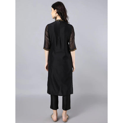 HAAVI BY PURAB Women Black Chanderi Embroidered Kurta with Palazzo