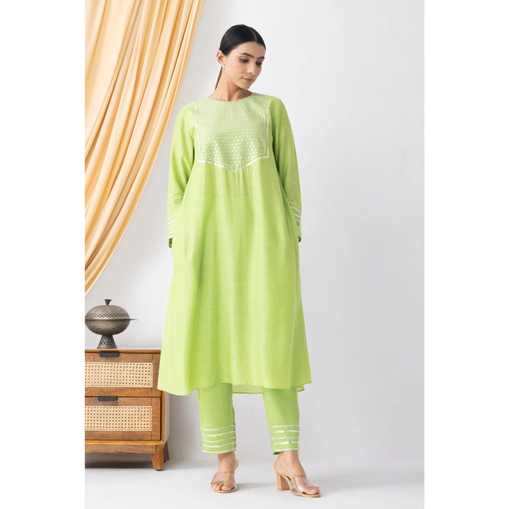 HAAVI BY PURAB Women Green Chanderi Embroidered Kurta with Palazzo