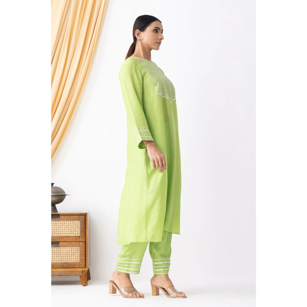 HAAVI BY PURAB Women Green Chanderi Embroidered Kurta with Palazzo