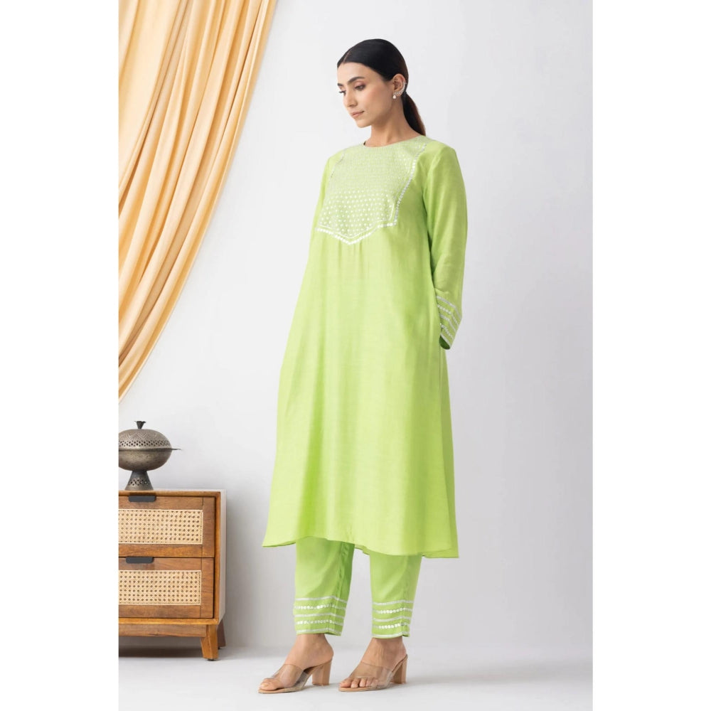 HAAVI BY PURAB Women Green Chanderi Embroidered Kurta with Palazzo