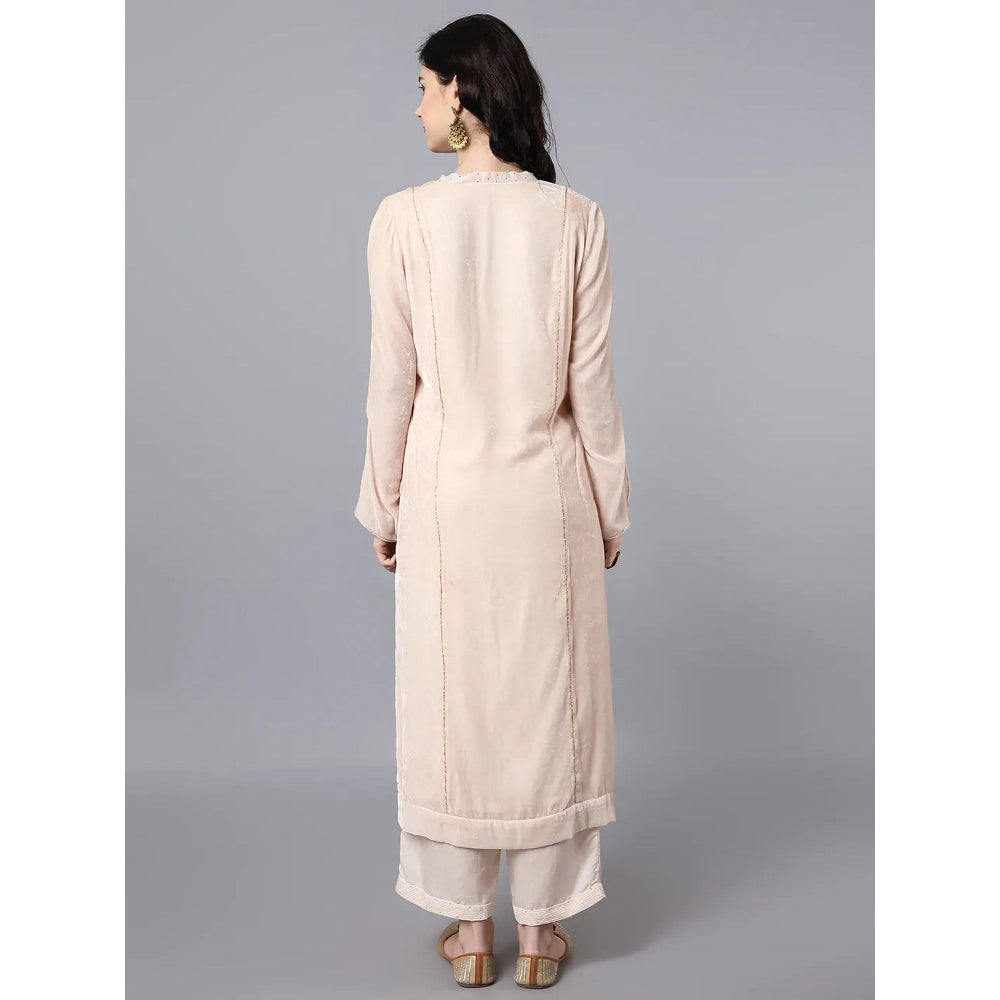 HAAVI BY PURAB Viscose Velvet Embroidered Gota Work Ivory Kurta