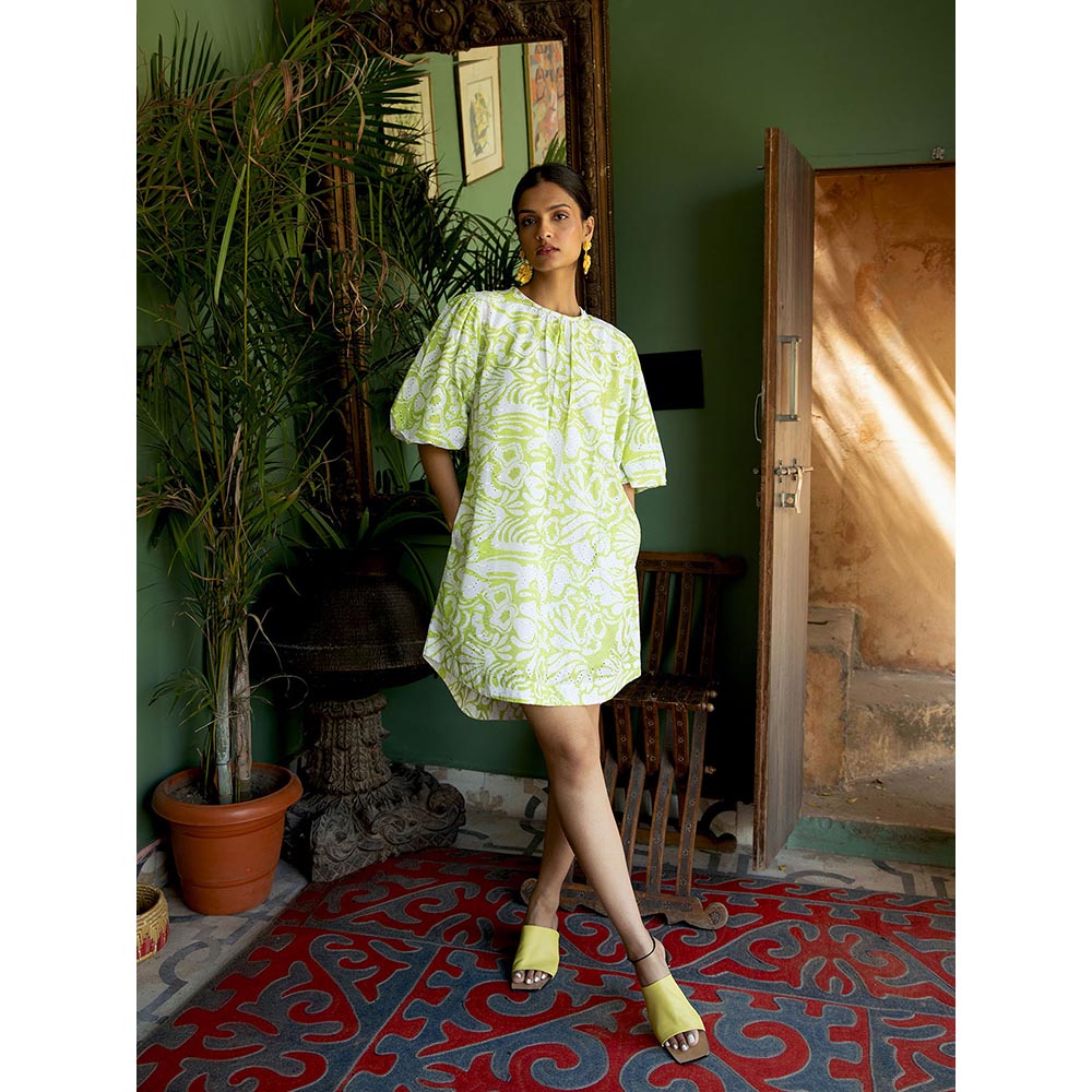 Happi Space Birdsong Mini Dress In Carnation Print-Green