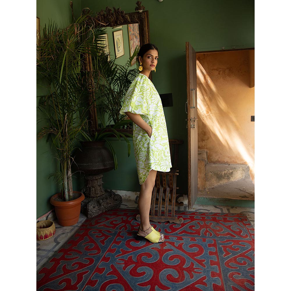 Happi Space Birdsong Mini Dress In Carnation Print-Green