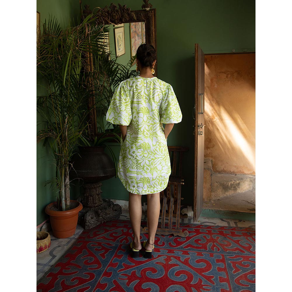 Happi Space Birdsong Mini Dress In Carnation Print-Green