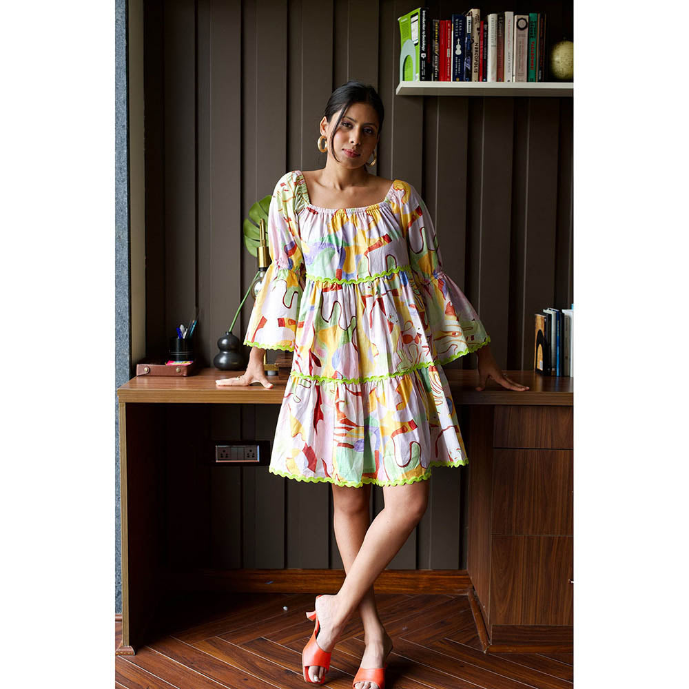 Happi Space Bubble-Gum Knee Length Dress In Eden Print-Multi-Color