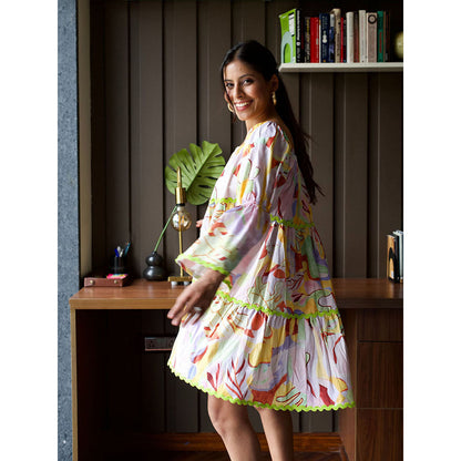 Happi Space Bubble-Gum Knee Length Dress In Eden Print-Multi-Color