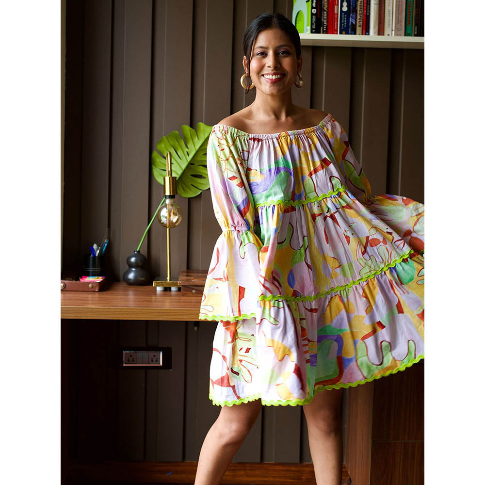 Happi Space Bubble-Gum Knee Length Dress In Eden Print-Multi-Color