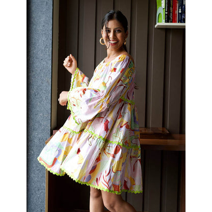 Happi Space Bubble-Gum Knee Length Dress In Eden Print-Multi-Color