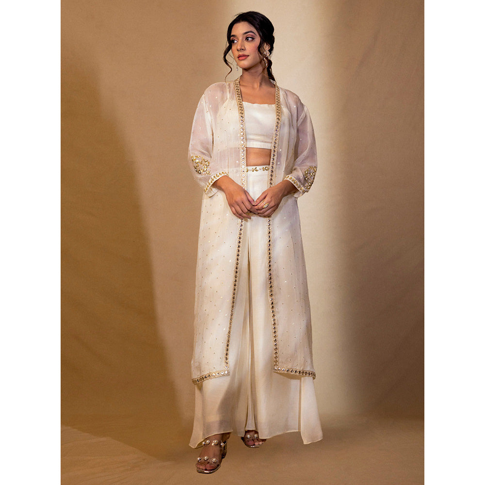 Harleen Kaur Off White Chanderi Flared Pant with Crop Top and Shrug (Set of 3)