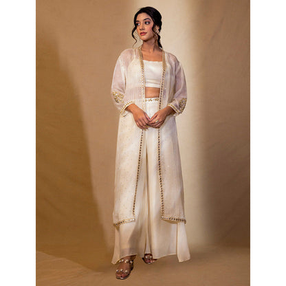 Harleen Kaur Off White Chanderi Flared Pant with Crop Top and Shrug (Set of 3)