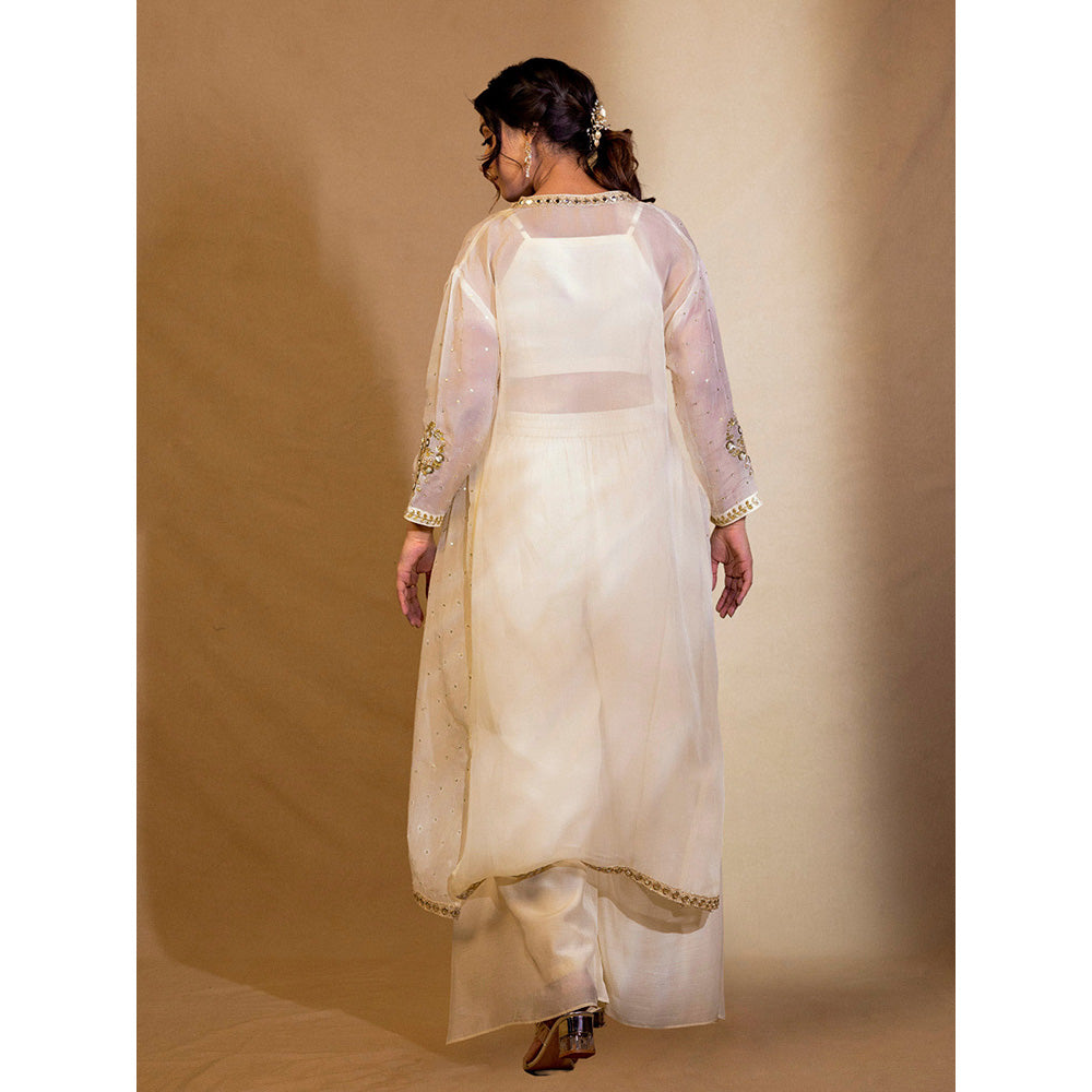 Harleen Kaur Off White Chanderi Flared Pant with Crop Top and Shrug (Set of 3)