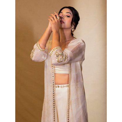 Harleen Kaur Off White Chanderi Flared Pant with Crop Top and Shrug (Set of 3)