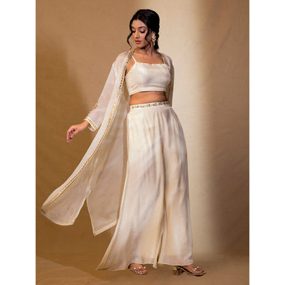Harleen Kaur Off White Chanderi Flared Pant with Crop Top and Shrug (Set of 3)
