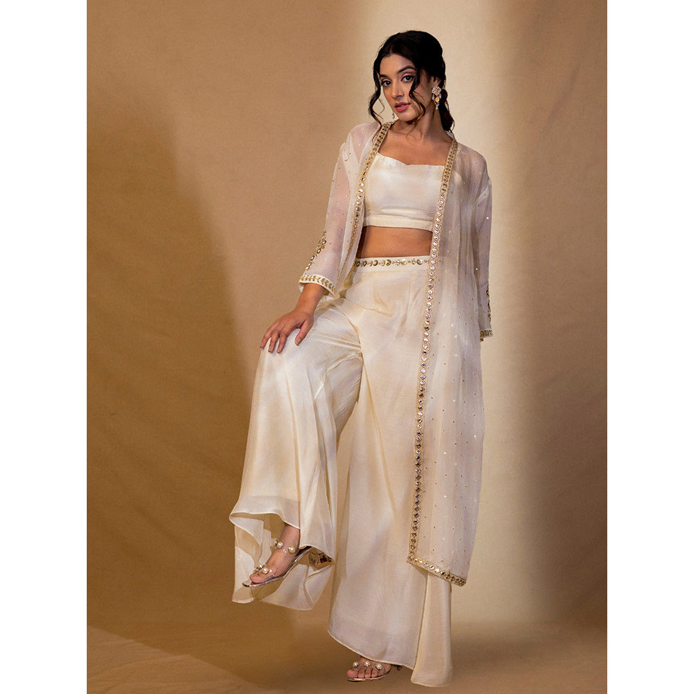 Harleen Kaur Off White Chanderi Flared Pant with Crop Top and Shrug (Set of 3)