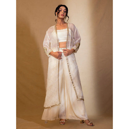 Harleen Kaur Off White Chanderi Flared Pant with Crop Top and Shrug (Set of 3)