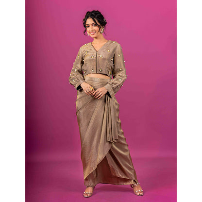 Harleen Kaur Brown Tissue Embellished Pre-Draped Skirt with Crop Top (Set of 2)