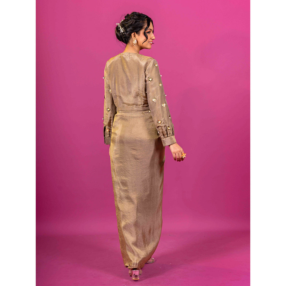 Harleen Kaur Brown Tissue Embellished Pre-Draped Skirt with Crop Top (Set of 2)