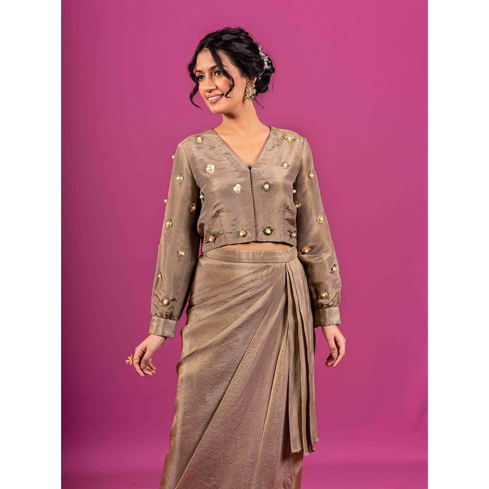 Harleen Kaur Brown Tissue Embellished Pre-Draped Skirt with Crop Top (Set of 2)