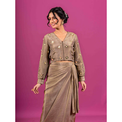 Harleen Kaur Brown Tissue Embellished Pre-Draped Skirt with Crop Top (Set of 2)