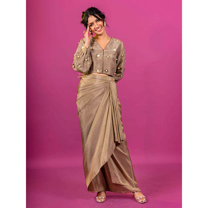 Harleen Kaur Brown Tissue Embellished Pre-Draped Skirt with Crop Top (Set of 2)