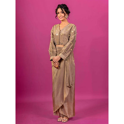 Harleen Kaur Brown Tissue Embellished Pre-Draped Skirt with Crop Top (Set of 2)