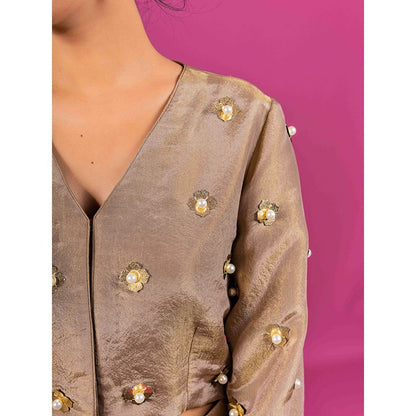 Harleen Kaur Brown Tissue Embellished Pre-Draped Skirt with Crop Top (Set of 2)