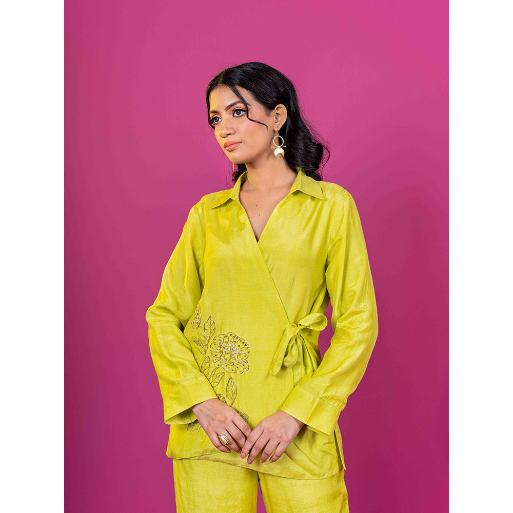 Harleen Kaur Lime Yellow Chanderi Hand Embroidered Co-Ord (Set of 2)