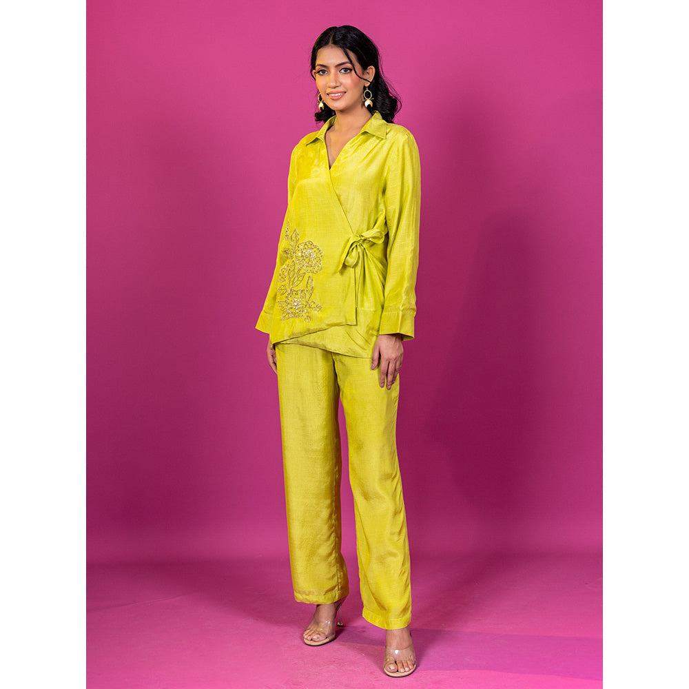 Harleen Kaur Lime Yellow Chanderi Hand Embroidered Co-Ord (Set of 2)