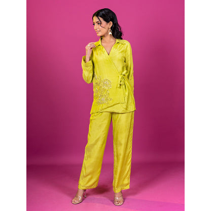 Harleen Kaur Lime Yellow Chanderi Hand Embroidered Co-Ord (Set of 2)