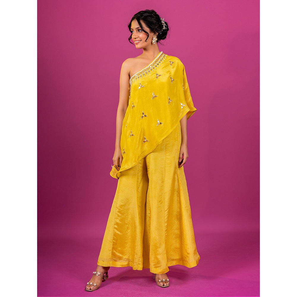 Harleen Kaur Yellow Haldi Tissue Hand Embroidered One Shoulder Cape Top and Palazzo (Set of 2)
