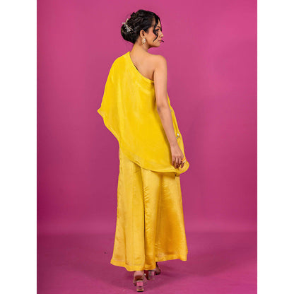 Harleen Kaur Yellow Haldi Tissue Hand Embroidered One Shoulder Cape Top and Palazzo (Set of 2)