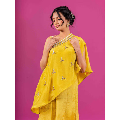 Harleen Kaur Yellow Haldi Tissue Hand Embroidered One Shoulder Cape Top and Palazzo (Set of 2)