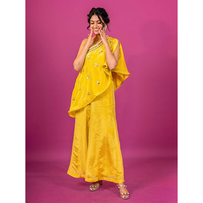Harleen Kaur Yellow Haldi Tissue Hand Embroidered One Shoulder Cape Top and Palazzo (Set of 2)
