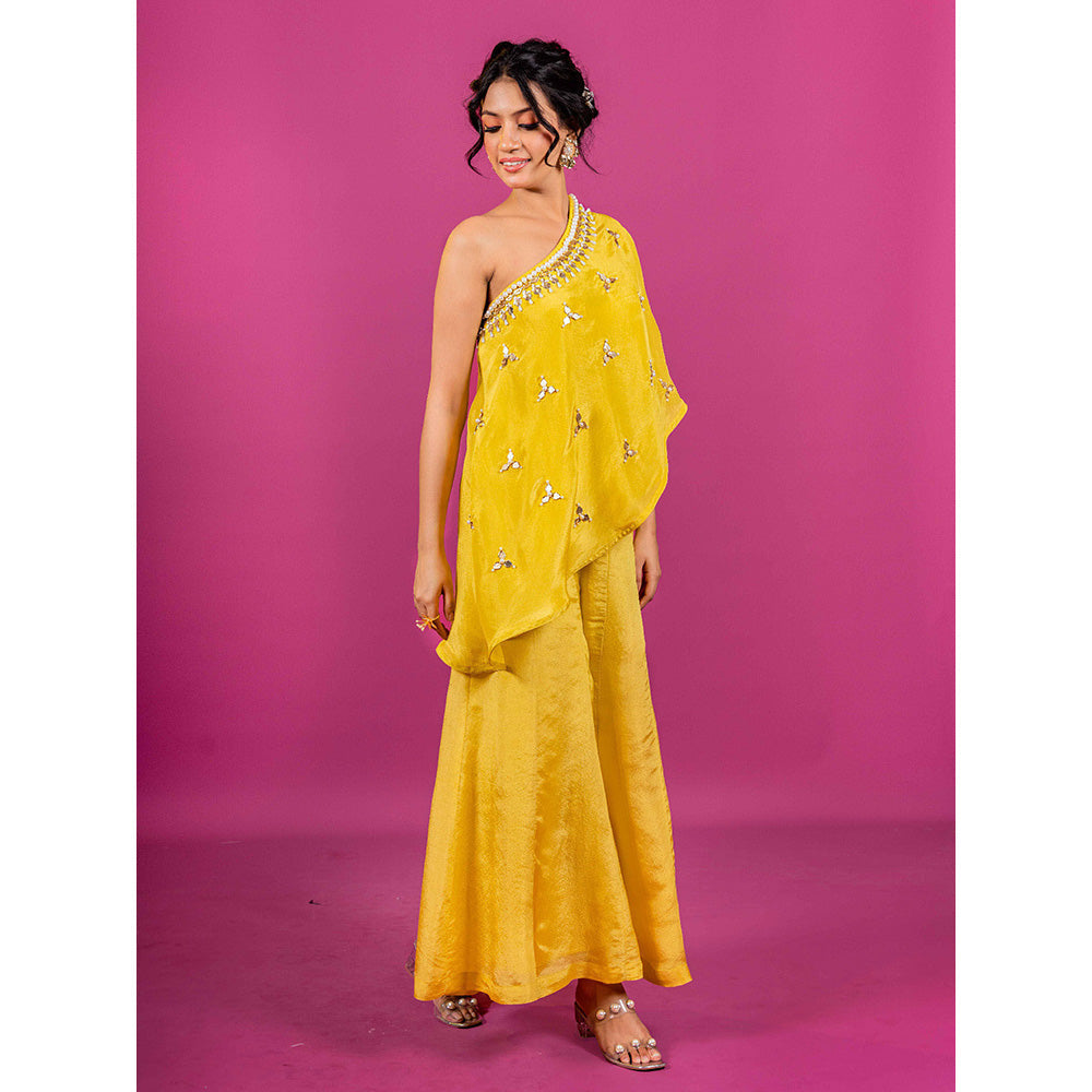 Harleen Kaur Yellow Haldi Tissue Hand Embroidered One Shoulder Cape Top and Palazzo (Set of 2)