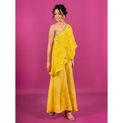 Harleen Kaur Yellow Haldi Tissue Hand Embroidered One Shoulder Cape Top and Palazzo (Set of 2)